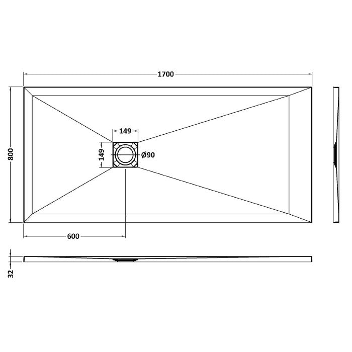 Dezine Rectangular Black Slate Shower Tray, Center Waste-1700mm x 800mm