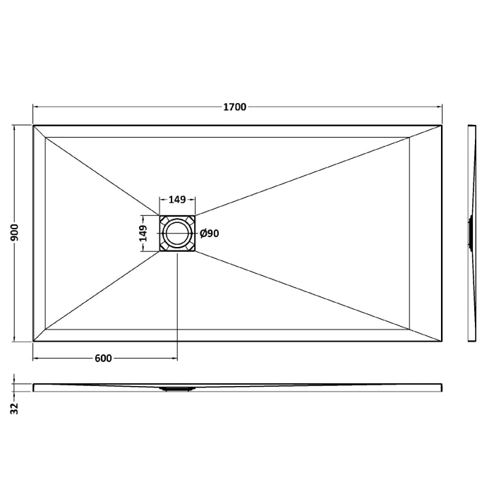 Dezine Rectangular Black Slate Shower Tray, Center Waste-1700mm x 900mm