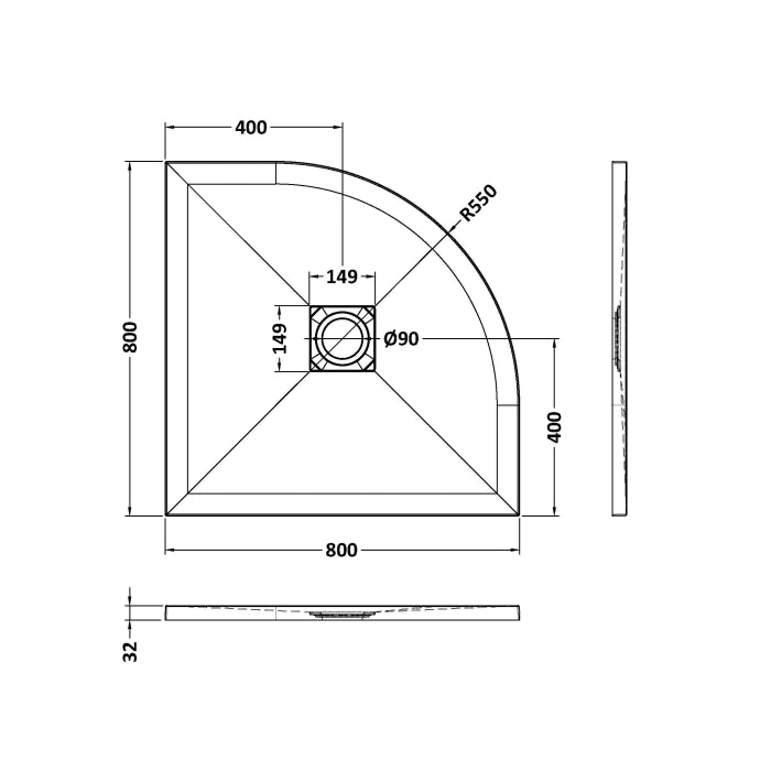 Dezine Quadrant Black Slate Shower Tray, Center Waste-800mm x 800mm