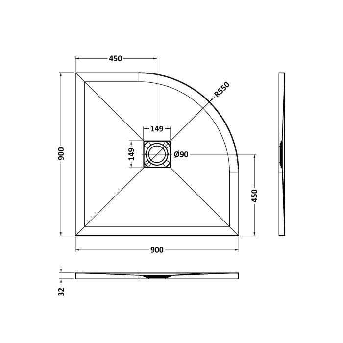 Dezine Quadrant Black Slate Shower Tray, Center Waste-900mm x 900mm