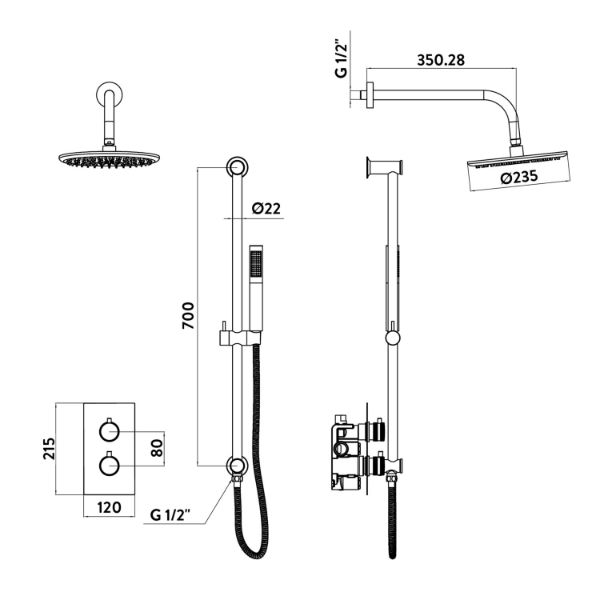 Dezine Pennar 7 Matt Black Concealed Shower Kit with Overhead and Slide Rail Kit