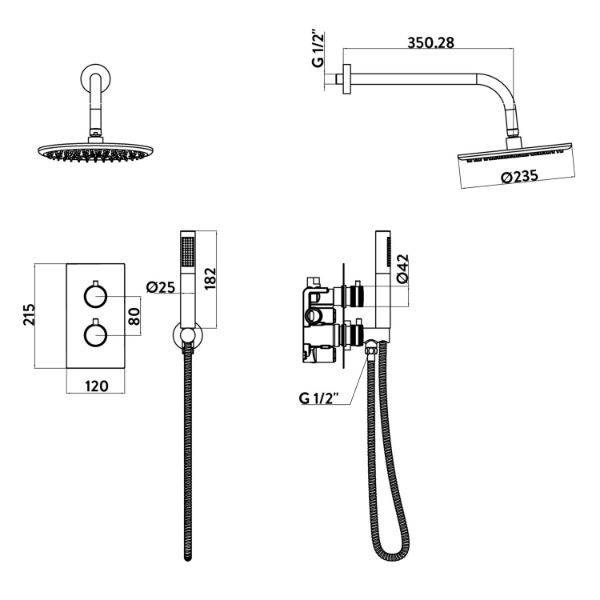 Dezine Pennar 7 Matt Black Concealed Shower Kit with Overhead, Handset and Bracket