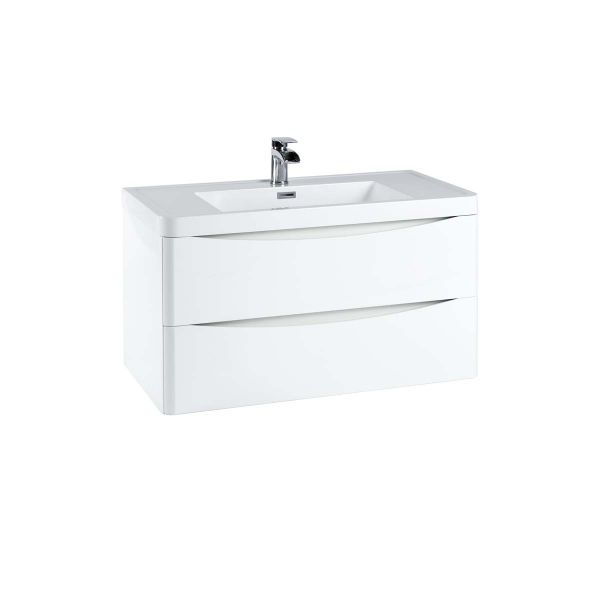 Dezine Calder 900mm Gloss White Stort Hung Vanity Unit with Countertop and Basin