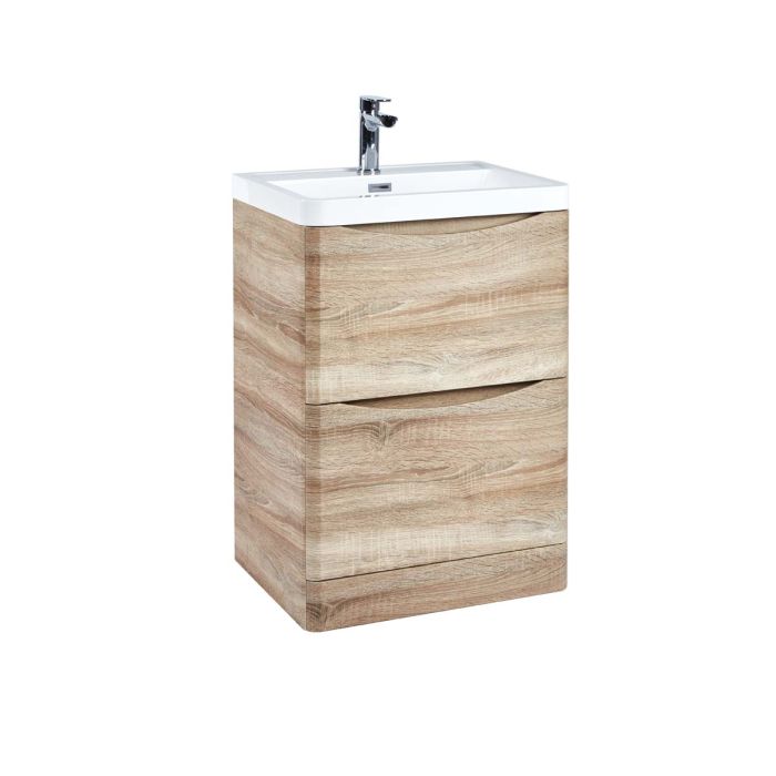 Dezine Lyn 600mm Floor Standing Vanity Unit with Countertop and Basin-Solace Oak