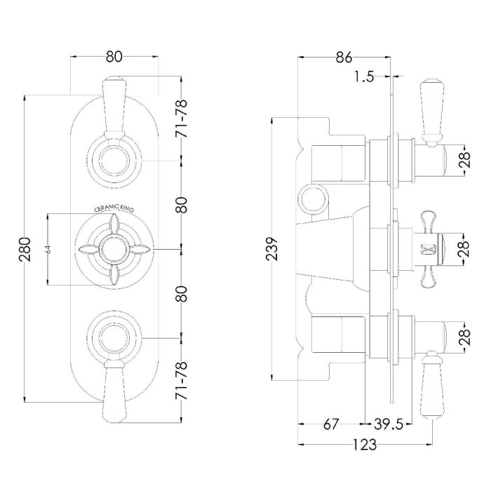 Dezine Petteril Concealed Triple Shower Valve, 2 Outlet