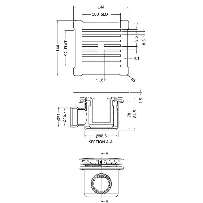 Dezine Square Shower Waste with Chrome Top for Slate Trays