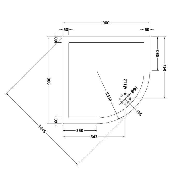 Dezine Slate Grey Quadrant Shower Tray, Corner Waste-900mm x 900mm