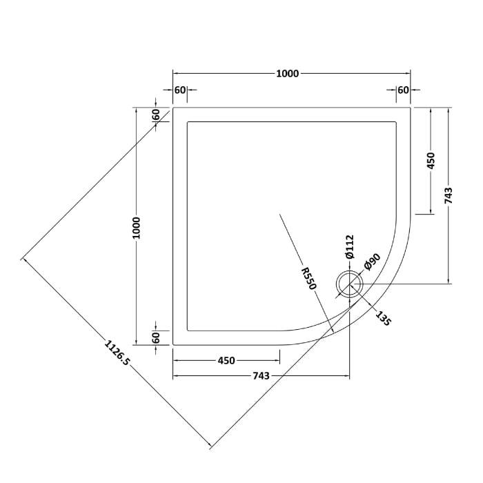 Dezine Slate Grey Quadrant Shower Tray, Corner Waste-1000mm x 1000mm