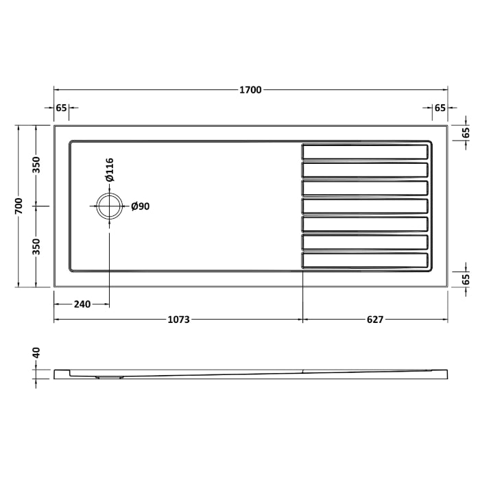 Dezine Slate Grey Walk In Shower Tray, End Waste-1700mm x 700mm