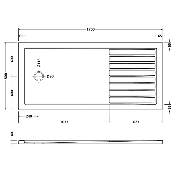 Dezine Slate Grey Walk In Shower Tray, End Waste-1700mm x 800mm