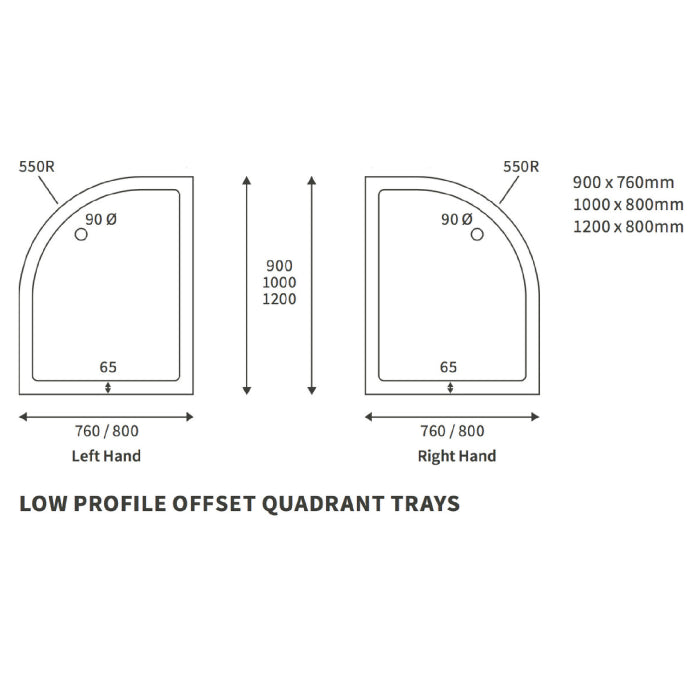 Dezine 25mm Offset Quadrant Slim Shower Tray, Center Waste-1200mm x 800mm-Left Handed