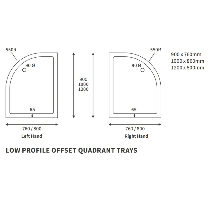 Dezine 25mm Offset Quadrant Slim Shower Tray, Center Waste-1000mm x 800mm-Right Handed