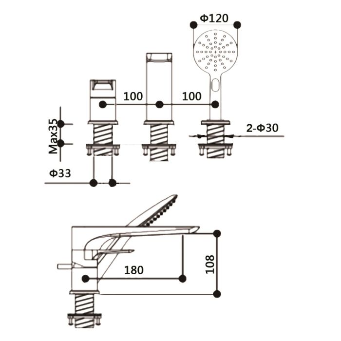 Dezine Fal 4 Hole Bath Shower Mixer