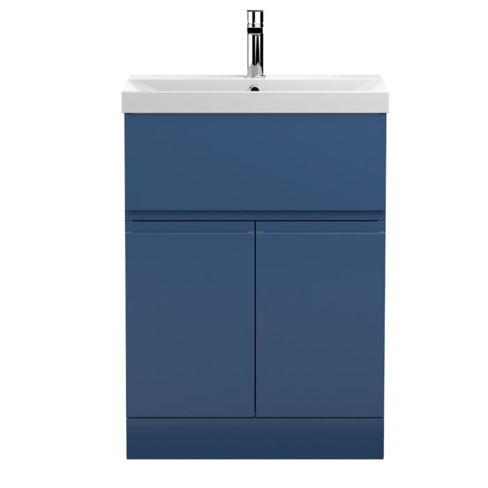 Dezine Dove 600mm Satin Blue Floor Standing Vanity Unit, with Top Drawer