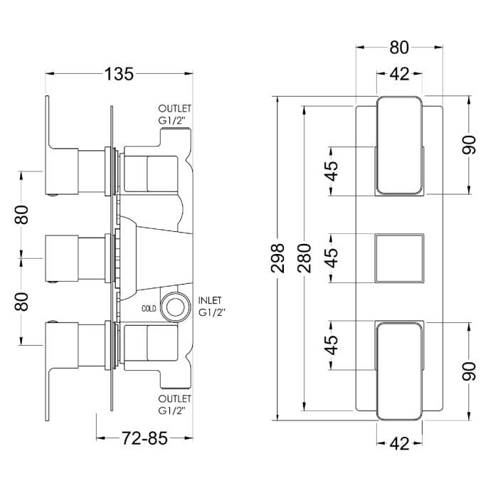 Dezine Cubo Grace Matt Black Square Concealed Triple Shower Valve, 2 Outlet