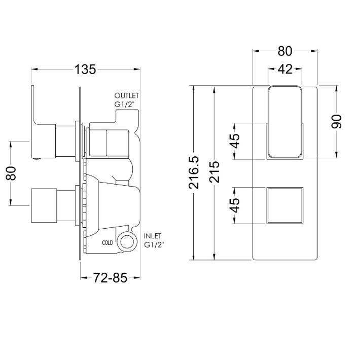 Dezine Cubo Grace Matt Black Square Concealed Twin Shower Valve, 1 Outlet