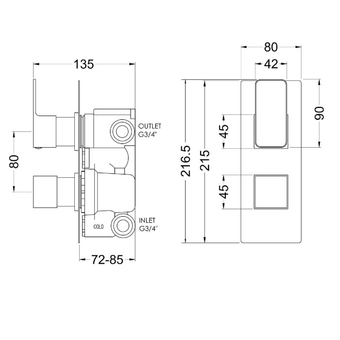 Dezine Cubo Grace Matt Black Square Concealed Twin Shower Valve with Diverter, 2 Outlet