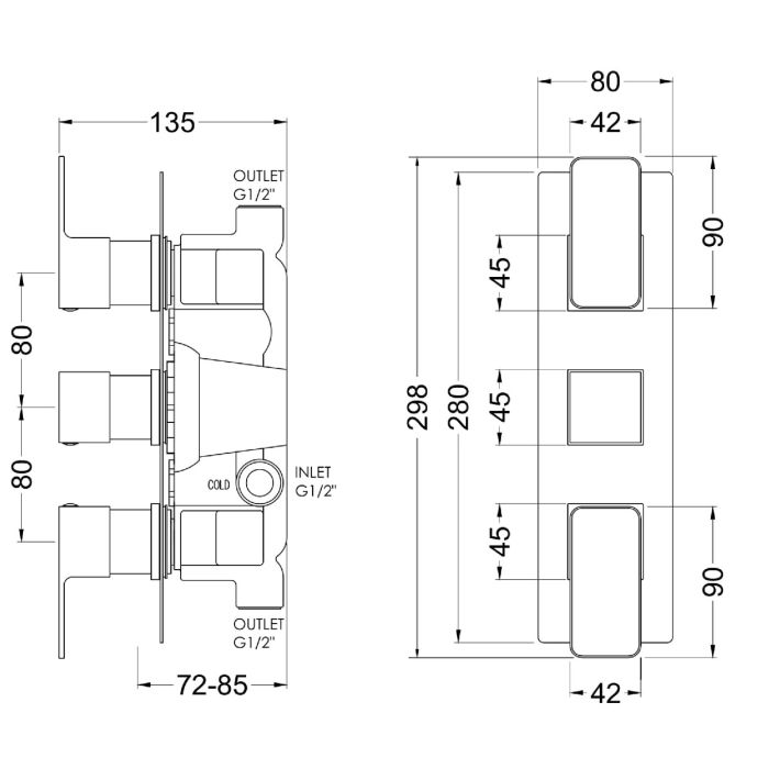 Dezine Cubo Grace Bollin Gun Metal Square Concealed Triple Shower Valve, 2 Outlet