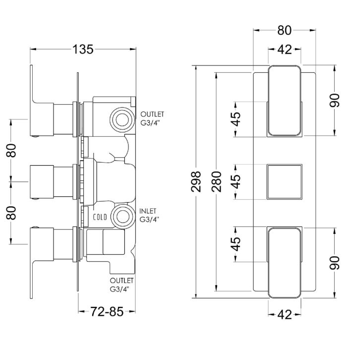 Dezine Cubo Grace Bollin Gun Metal Square Concealed Triple Shower Valve with Diverter, 3 Outlet