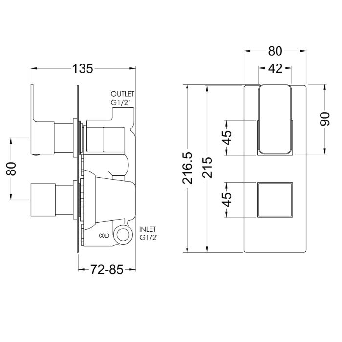 Dezine Cubo Grace Bollin Gun Metal Square Concealed Twin Shower Valve, 1 Outlet