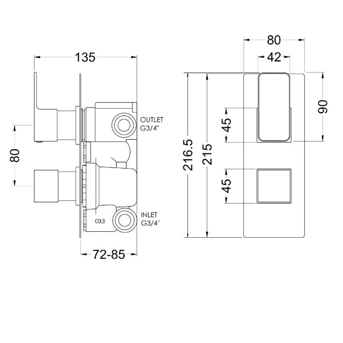 Dezine Cubo Grace Bollin Gun Metal Square Concealed Twin Shower Valve with Diverter, 2 Outlet