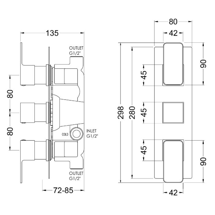 Dezine Cubo Grace Bollin Brass Square Concealed Triple Shower Valve, 2 Outlet