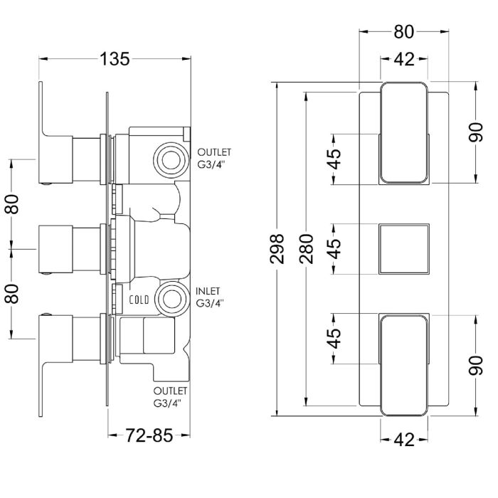 Dezine Cubo Grace Bollin Brass Square Concealed Triple Shower Valve with Diverter, 3 Outlet