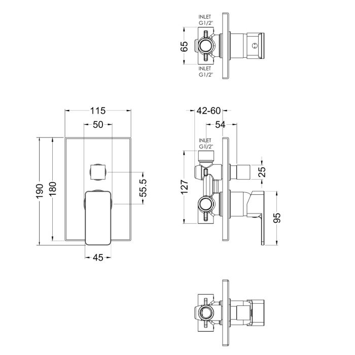 Dezine Cubo Pure Concealed Manual Shower Valve with Diverter