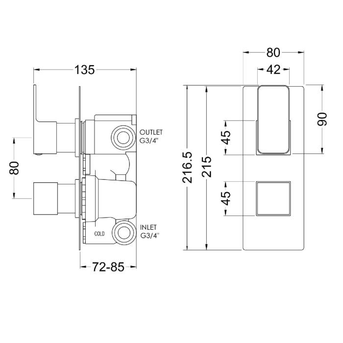 Dezine Cubo Grace Chrome Square Concealed Twin Shower Valve with Diverter, 2 Outlet