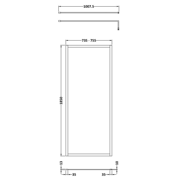 Dezine 760mm Matt Black Fully Framed 8mm Wetroom Screen - 1850mm High