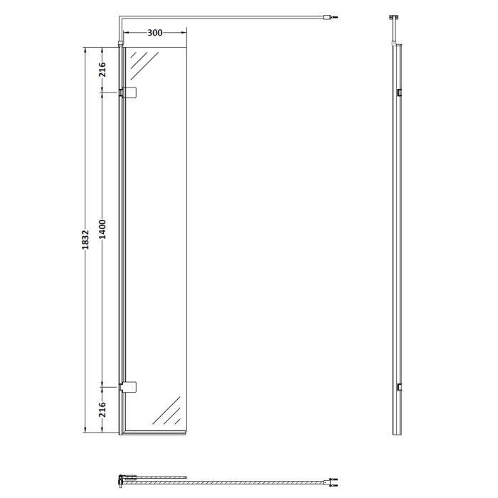 Dezine Matt Black 300mm Wetroom Swing Screen - 1850mm High