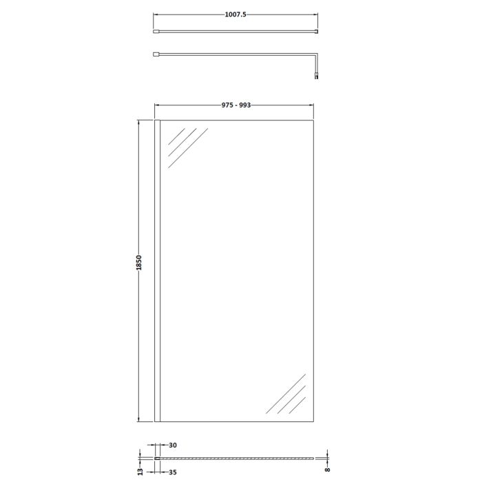 Dezine 1000mm Brushed Brass 8mm Wetroom Screen - 1850mm High