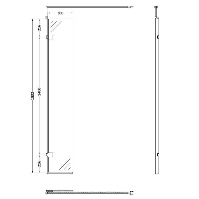 Dezine Bollin Brass 300mm Wetroom Swing Screen - 1850mm High