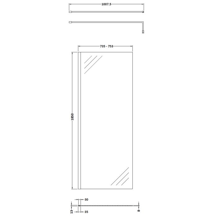 Dezine 760mm Brushed Brass 8mm Wetroom Screen - 1850mm High