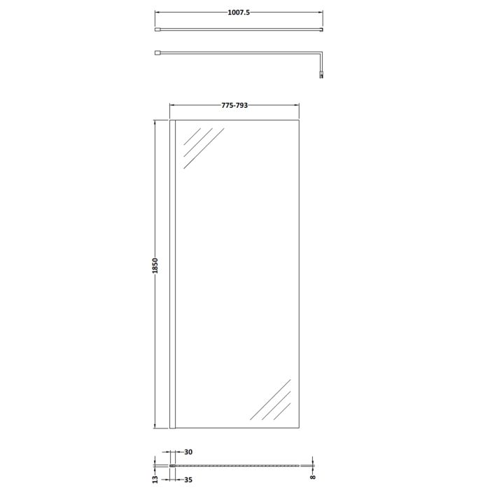 Dezine 800mm Brushed Brass 8mm Wetroom Screen - 1850mm High