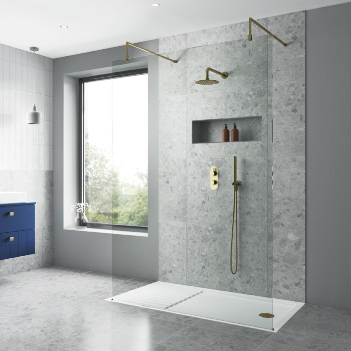 Dezine 1100mm Brushed Brass 8mm Wetroom Screen - 1850mm High