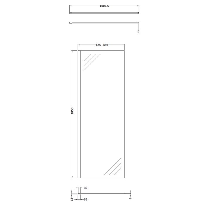 Dezine 700mm Matt Black 8mm Wetroom Screen - 1850mm High