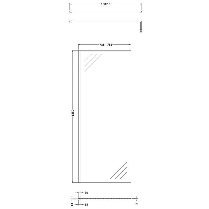 Dezine 760mm Matt Black 8mm Wetroom Screen - 1850mm High