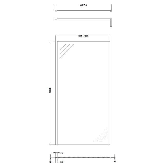 Dezine 1000mm Matt Black 8mm Wetroom Screen - 1850mm High