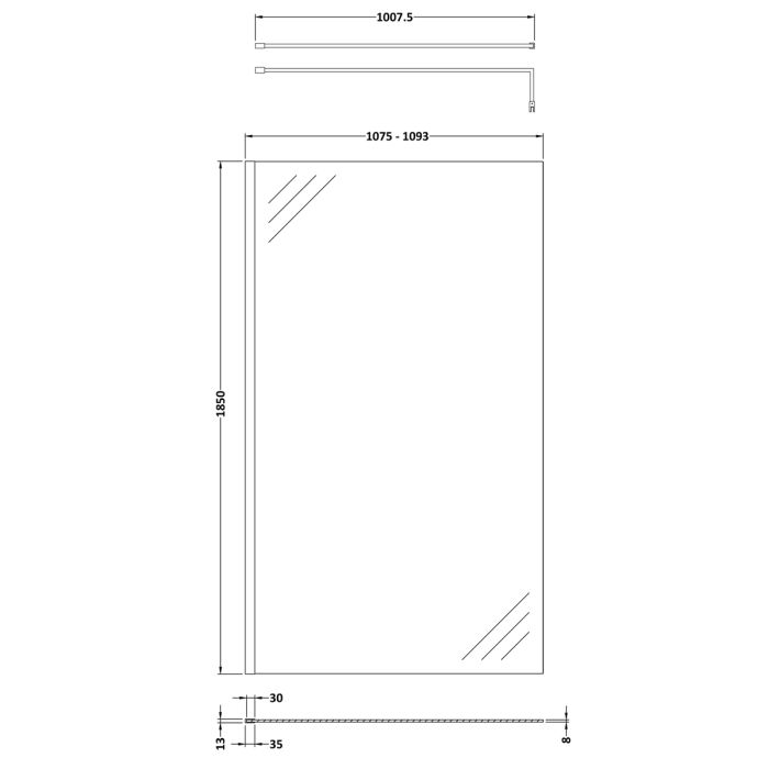 Dezine 1100mm Matt Black 8mm Wetroom Screen - 1850mm High