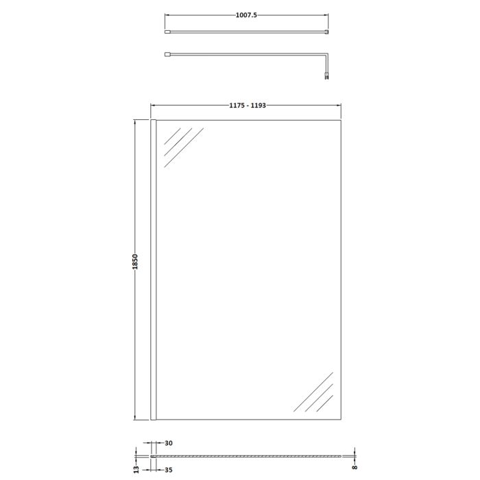 Dezine 1200mm Matt Black 8mm Wetroom Screen - 1850mm High