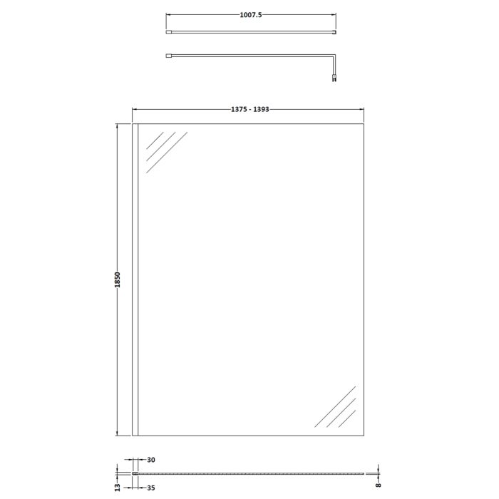 Dezine 1400mm Matt Black 8mm Wetroom Screen - 1850mm High