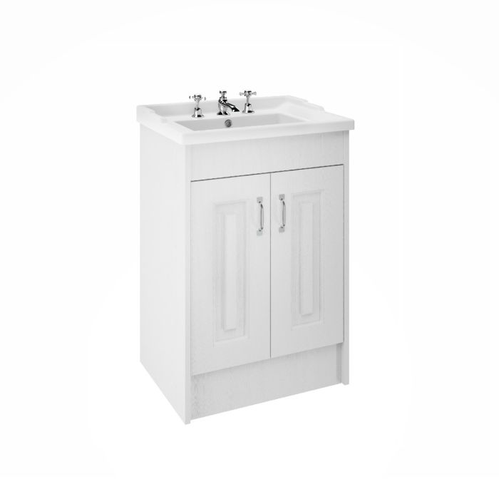 Dezine Greta 600mm White Floorstanding 2 Door Vanity Unit, 3 Tap Hole