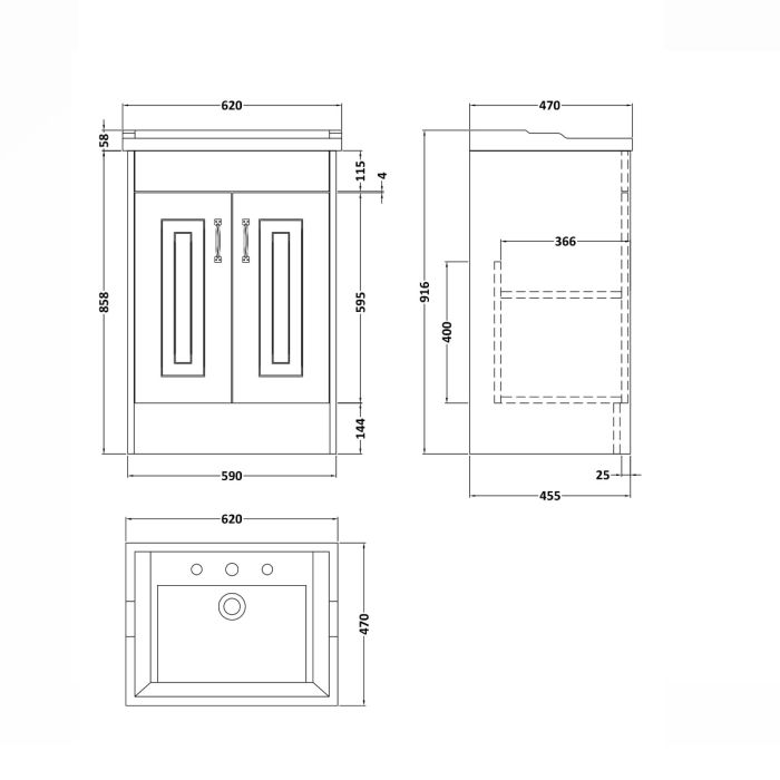 Dezine Greta 600mm White Floorstanding 2 Door Vanity Unit, 3 Tap Hole