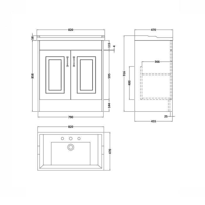 Dezine Greta 800mm White Floorstanding 2 Door Vanity Unit, 3 Tap Hole