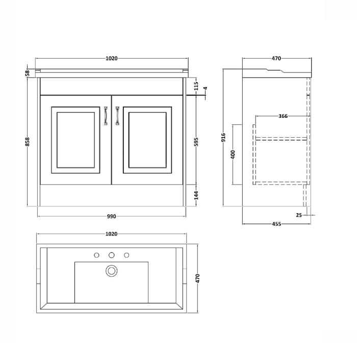 Dezine Greta 1000mm White Floorstanding 2 Door Vanity Unit, 3 Tap Hole