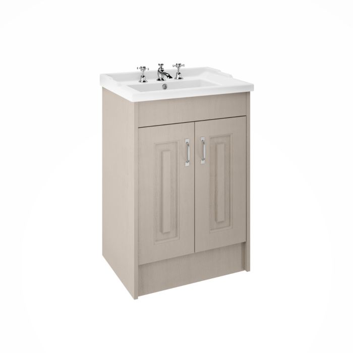 Dezine Greta 600mm Soft Grey Floorstanding 2 Door Vanity Unit, 3 Tap Hole