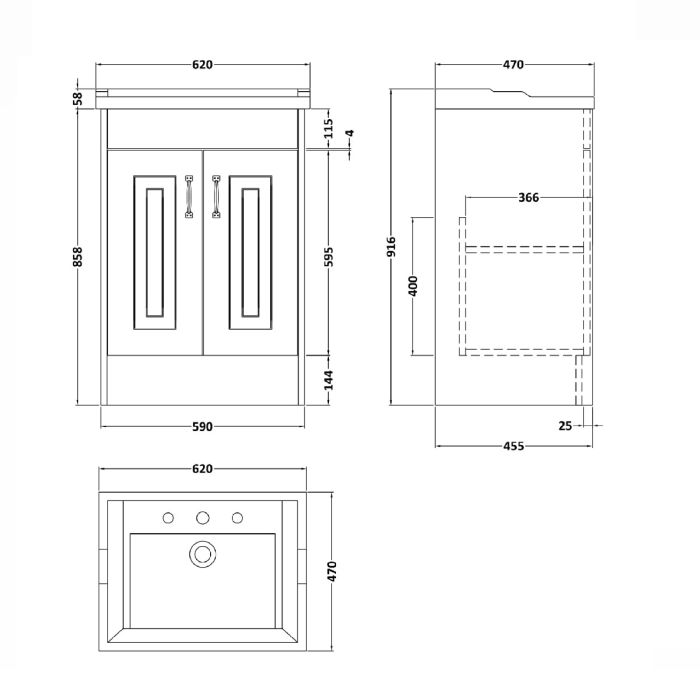 Dezine Greta 600mm Soft Grey Floorstanding 2 Door Vanity Unit, 3 Tap Hole