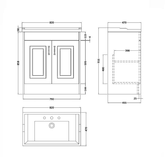 Dezine Greta 800mm Soft Grey Floorstanding 2 Door Vanity Unit, 3 Tap Hole