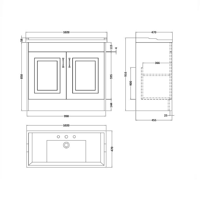 Dezine Greta 1000mm Soft Grey Floorstanding 2 Door Vanity Unit, 3 Tap Hole